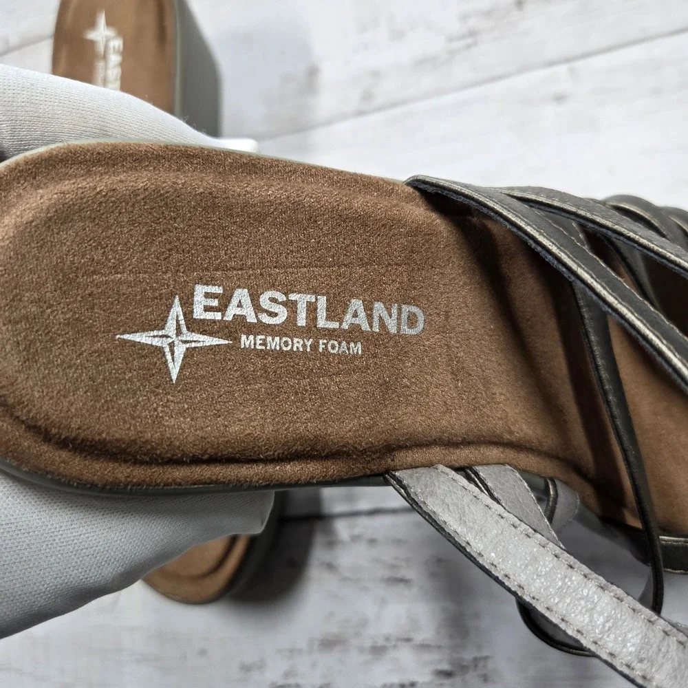 Eastland‎ Wedge Sandals Women 10W Pewter Florence Strappy Metallic Memory Foam